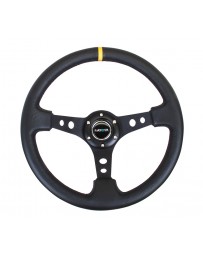 NRG Reinforced Steering Wheel (350mm / 3in. Deep) Blk Leather with Blk Cutout Spoke/Yellow Center Mark