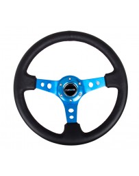 NRG Reinforced Steering Wheel (350mm / 3in. Deep) Blk Leather with Blue Circle Cutout Spokes