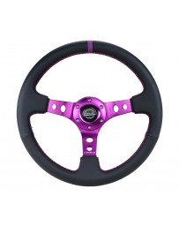 NRG Reinforced Steering Wheel (350mm / 3in. Deep) Black Leather with Purple Center & Purple Stitching
