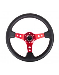 NRG Reinforced Steering Wheel (350mm / 3in. Deep) Blk Leather with Red Circle Cutout Spokes