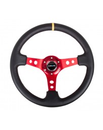 NRG Reinforced Steering Wheel (350mm / 3in. Deep) Blk Leather with Red Spokes & Sgl Yellow Center Mark