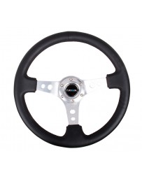 NRG Reinforced Steering Wheel (350mm / 3in. Deep) Blk Leather w/Silver Spoke & Circle Cutouts