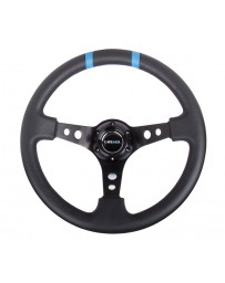NRG Reinforced Steering Wheel 350mm Lthr Sprt Steering Wheel 3in Deep Blk Spoke with Blue Dbl Ctr Mark