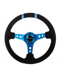 NRG Reinforced Steering Wheel (350mm / 3in. Deep) Blk Suede with Blue Spokes & Double Center Marks