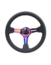 NRG Reinforced Steering Wheel (350mm / 3in. Deep) Blk Leather/Blk Stitch with Neochrome Slits