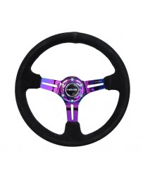 NRG Reinforced Steering Wheel (350mm / 3in. Deep) Blk Suede/Blk Stitch with Neochrome Slits