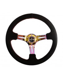 NRG Reinforced Steering Wheel (350mm / 3in. Deep) Blk Suede/Red Stitch with Neochrome Slits