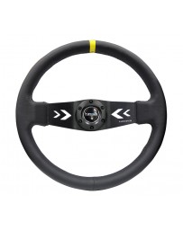 NRG Reinforced Steering Wheel (350mm / 3in Deep) Blk Leather with NRG Arrow-Cut 2-Spoke & Sgl Yellow CM