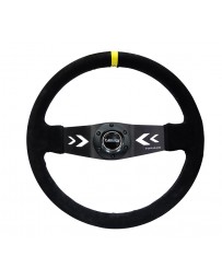 NRG Reinforced Steering Wheel (350mm / 3in. Deep) Blk Suede with NRG Arrow Cut 2-Spoke & Yellow Mark