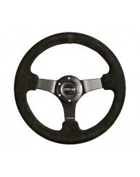 NRG Reinforced Steering Wheel (330mm / 3in Deep) Blk Suede with Criss Cross Stitch w/Blk 3-Spoke Center