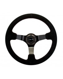 NRG Reinforced Steering Wheel (350mm / 3in. Deep) Blk Suede with Red BBall Stitch & Black 3-Spoke