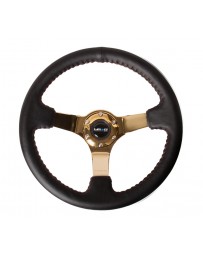 NRG Reinforced Steering Wheel (3in Deep / 4mm) 350mm Blk Leather with Red BBall Stitch & Gold Spoke