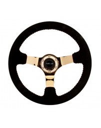 NRG Reinforced Steering Wheel (350mm / 3in. Deep) Blk Suede with Red BBall Stitch & Chrome Gold 3-Spoke