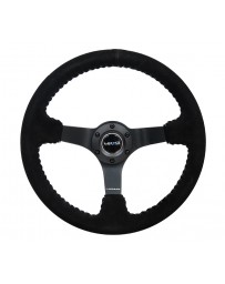 NRG Reinforced Steering Wheel (350mm / 3in. Deep) Blk Suede/Silver BBall Stitch with 5mm Mt. Blk Spokes