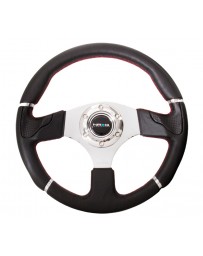 NRG Reinforced Steering Wheel (320mm) Blk Leather/Red Stitching with Chrome 3-Spoke Center