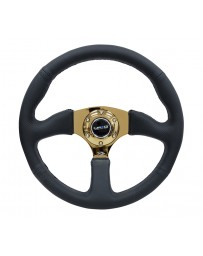 NRG Reinforced Steering Wheel (350mm / 2.5in. Deep) Leather Race Comfort Grip with 4mm Gold Spokes