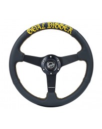 NRG Sport Steering Wheel (350mm / 1.5in Deep) Black Leather/Gold Stitch with Matte Black Solid Spokes