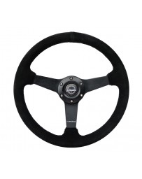 NRG Sport Steering Wheel (350mm / 1.5in Deep) Black Suede/Black Stitch with Matte Black Solid Spokes