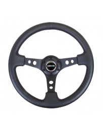 NRG Reinforced Steering Wheel (350mm / 3in. Deep) Blk Leather with Blk Spoke & Circle Cutouts