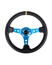 NRG Reinforced Steering Wheel (350mm / 3in. Deep) Blk Leather with Blue Cutout Spoke & Single Yellow CM