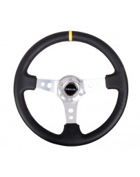 NRG Reinforced Steering Wheel (350mm / 3in. Deep) Blk Leather w/Circle Cut Spokes & Single Yellow CM