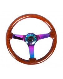 NRG Reinforced Steering Wheel (350mm / 3in. Deep) Classic Dark Wood w/4mm Neochrome Solid 3-Spoke