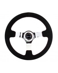 NRG Reinforced Steering Wheel (350mm / 3in. Deep) Blk Suede w/Red BBall Stitch & Chrome 3-Spoke