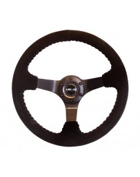 NRG Reinforced Steering Wheel (350mm / 3in. Deep) Blk Suede w/Red BBall Stitch & Black 3-Spoke