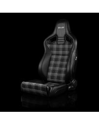 BRAUM ELITE V2 Series Sport Reclinable Seats (Black Leatherette Grey Plaid Fabric Low Bolster Version) - Priced Per Pair
