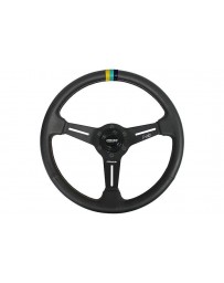 350z Greddy x Ken Gushi KG21 Racing Steering Wheel Black with Yellow, Teal & Navy Stitching & Center Stripe, 3 Spoke